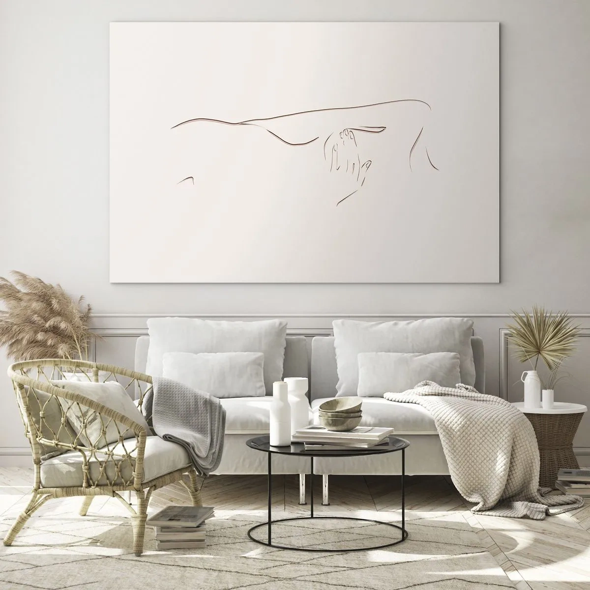 Obraz na skle - Abstraktní linie znázorňující obrys těla v jemném, minimalistickém stylu. - 70x50cm - Tvar touhy - Moderní nástěnná dekorace do obývacího pokoje a ložnice ARTTOR