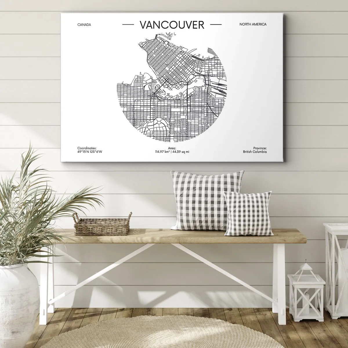 Obraz na plátně - Mapa Vancouveru v minimalistickém černobílém stylu - 70x50cm - Anatomie Vancouveru - Moderní nástěnná dekorace do obývacího pokoje a ložnice ARTTOR