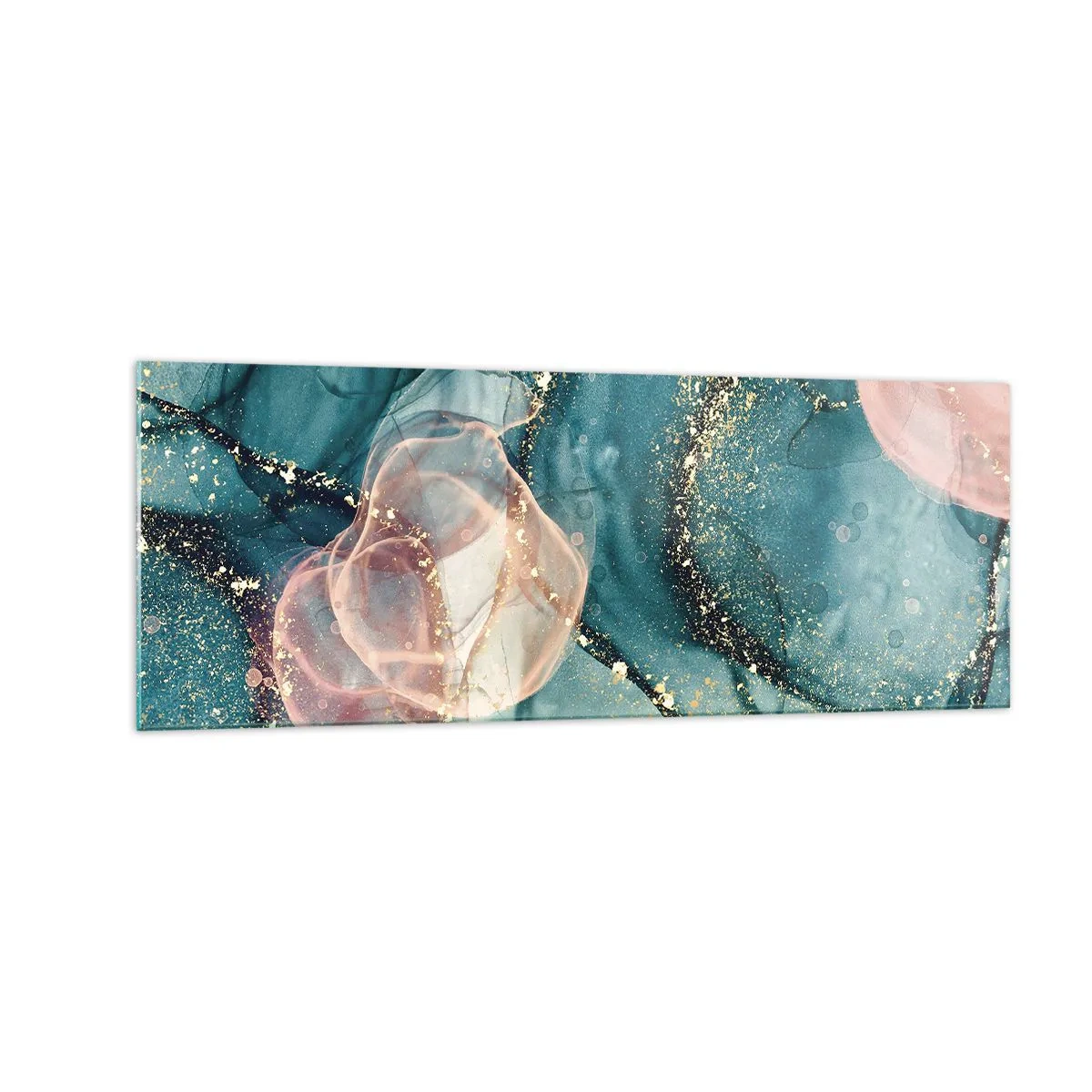 Obraz na skle - Modré hedvábí modré, růžový tyl - 140x50 cm