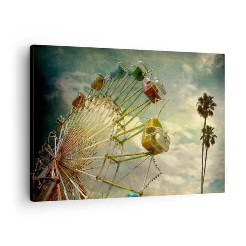 Obraz na plátně - Retro fotografie ruského kola s palmami proti obloze - 70x50cm - Bude, bude zábava… - Moderní nástěnná dekorace do obývacího pokoje a ložnice ARTTOR