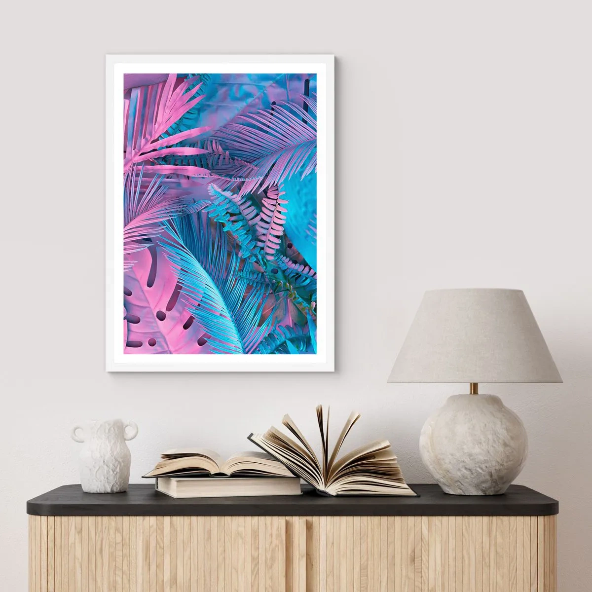 Plakát v bílém rámu - Tropy v růžové a modré - 30x40 cm