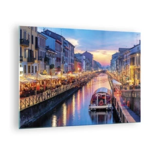 Obraz na skle - Večerní pohled na osvětlený kanál s loděmi a kavárnami - 70x50cm - Večer plný světla a zábavy - Moderní nástěnná dekorace do obývacího pokoje a ložnice ARTTOR