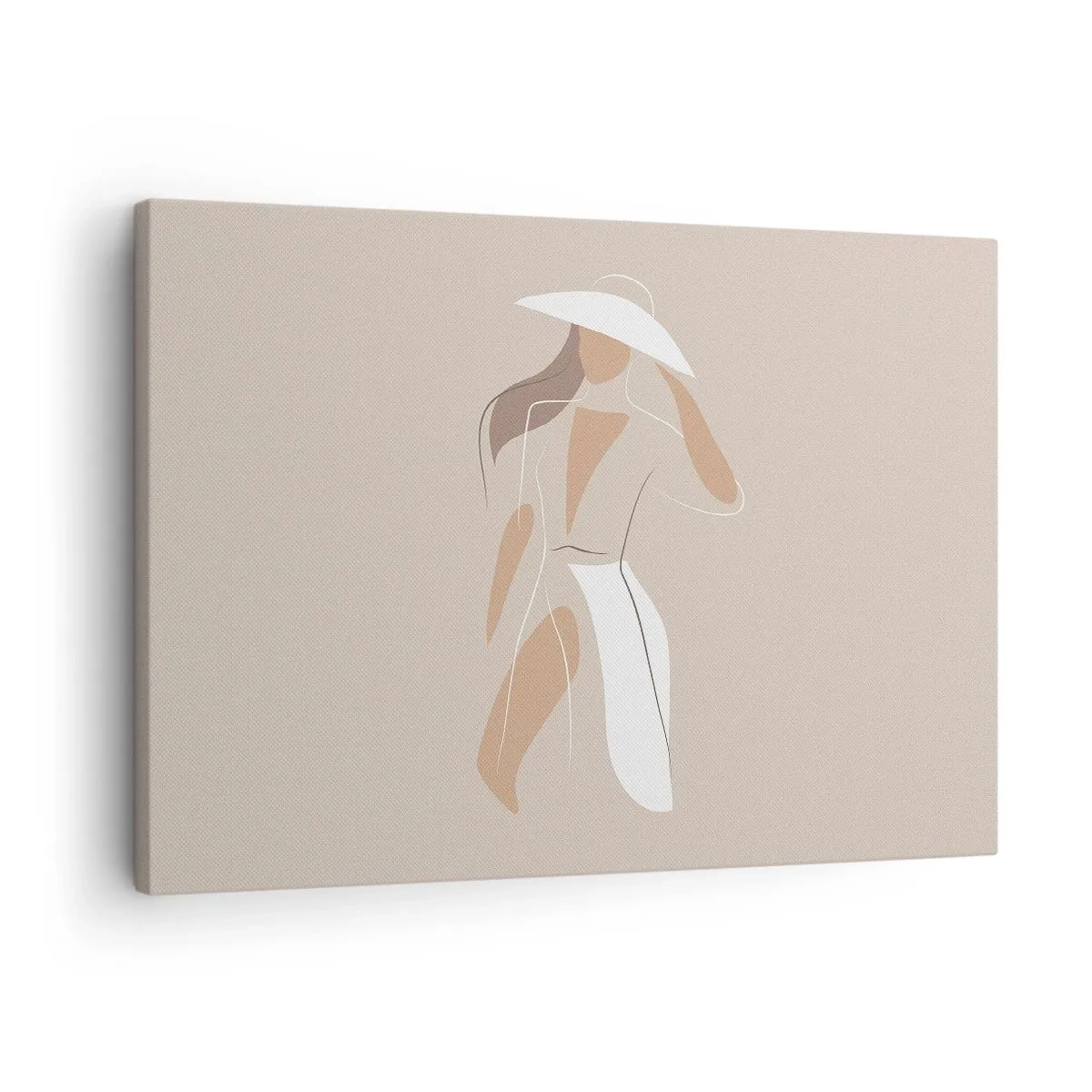 Obraz na plátně - Minimalistická kresba ženy v klobouku na béžovém pozadí. - 70x50cm - Móda je zábava - Moderní nástěnná dekorace do obývacího pokoje a ložnice ARTTOR