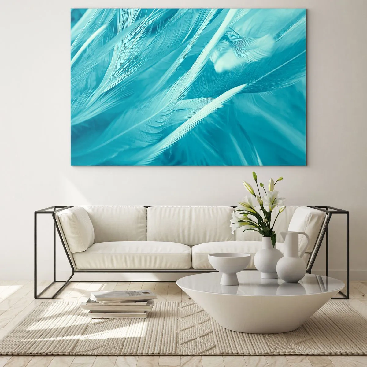 Obraz na skle - Tyrkysové peří v jemném detailním záběru - 70x50cm - Utonout v chmýří - Moderní nástěnná dekorace do obývacího pokoje a ložnice ARTTOR