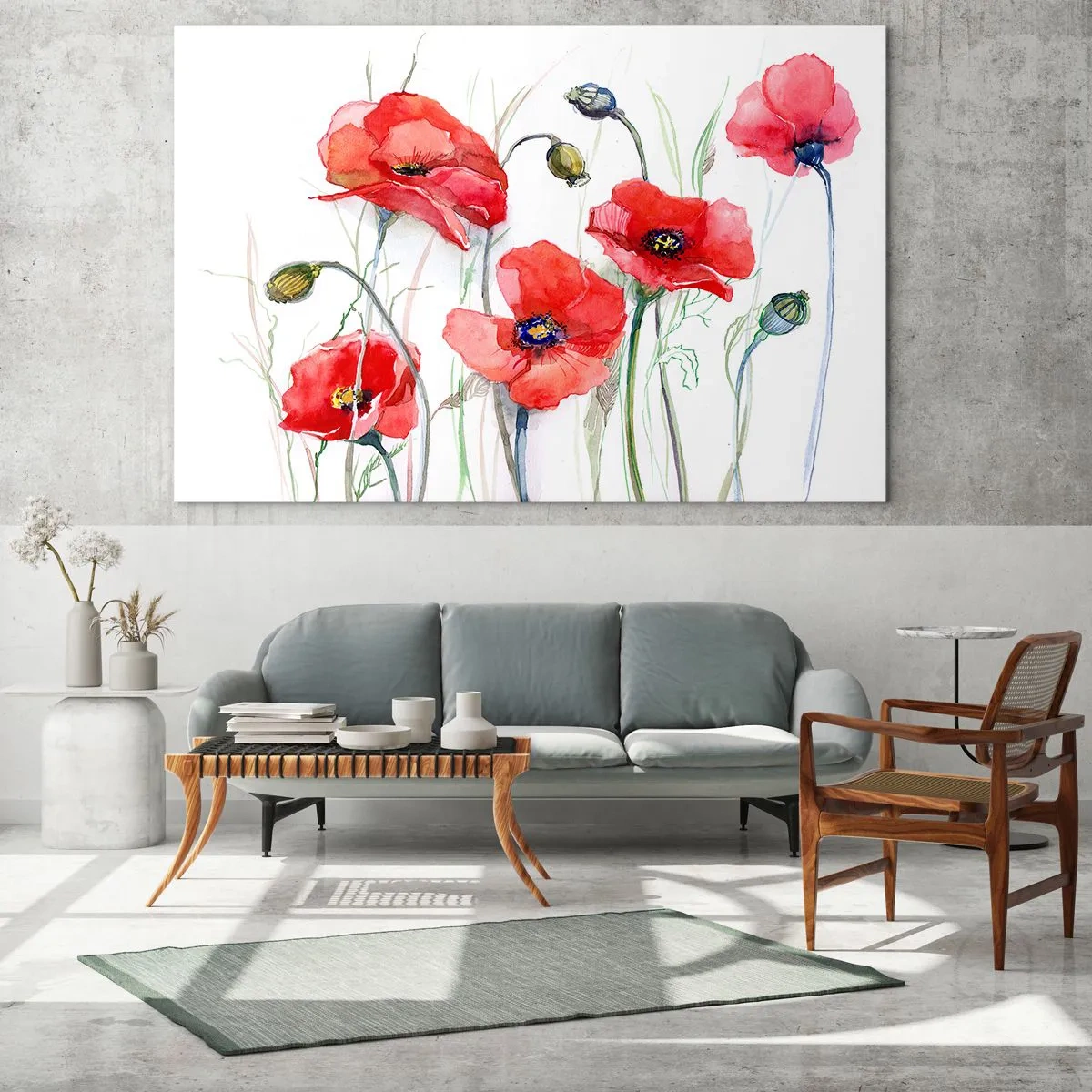 Obraz na skle - Akvarel červené máky na bílém pozadí - 70x50cm - Polské květiny - Moderní nástěnná dekorace do obývacího pokoje a ložnice ARTTOR