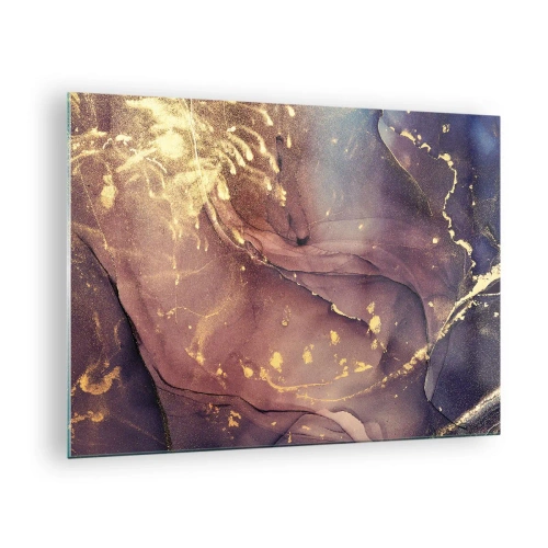 Obraz na skle - Abstraktní kompozice s fialovými a zlatými skvrnami a strukturou. - 70x50cm - Hmota a duch - Moderní nástěnná dekorace do obývacího pokoje a ložnice ARTTOR