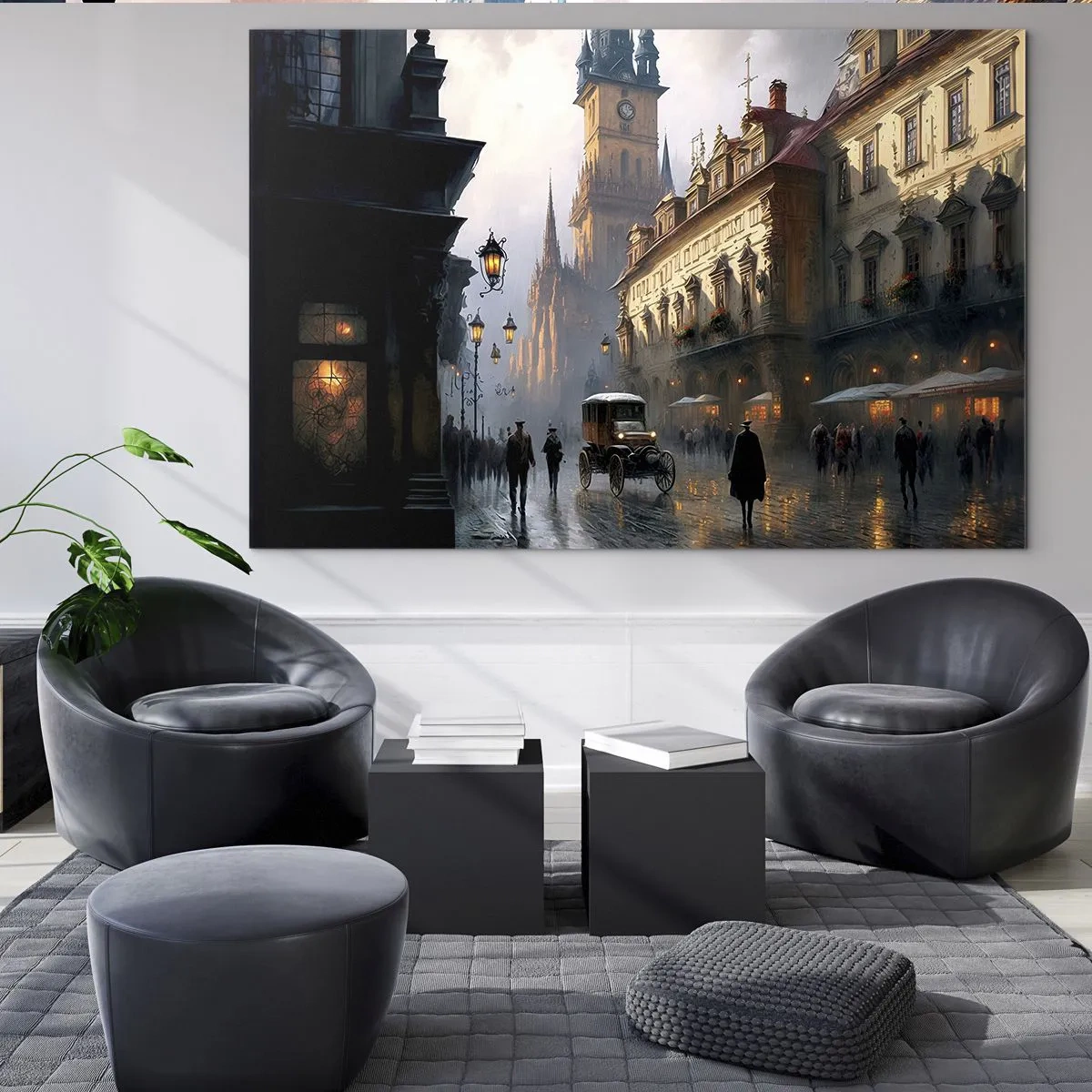 Obraz na skle - Historická ulice osvětlená lucernami za soumraku - 70x50cm - Kouzlo pražského večera - Moderní nástěnná dekorace do obývacího pokoje a ložnice ARTTOR