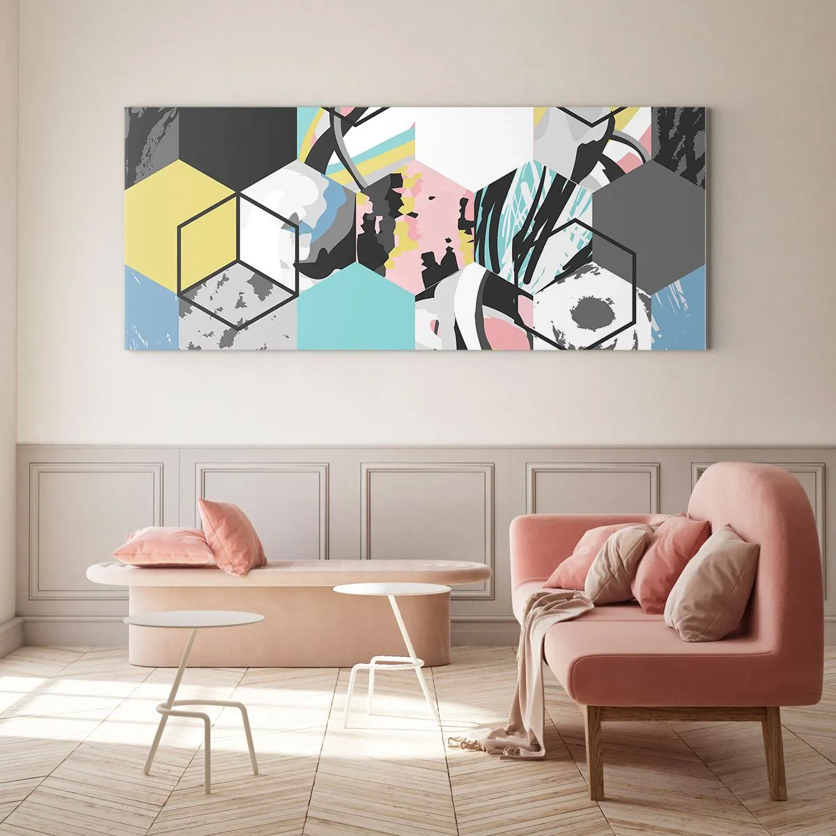 Obraz na skle - Šestiúhelníky a krychle v šesti barvách - 120x50 cm