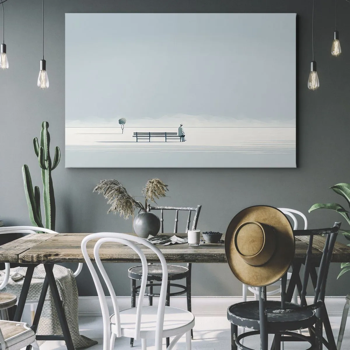 Obraz na plátně - Osoba sedící na lavičce v minimalistické krajině - 70x50cm - Ano, čekám. - Moderní nástěnná dekorace do obývacího pokoje a ložnice ARTTOR