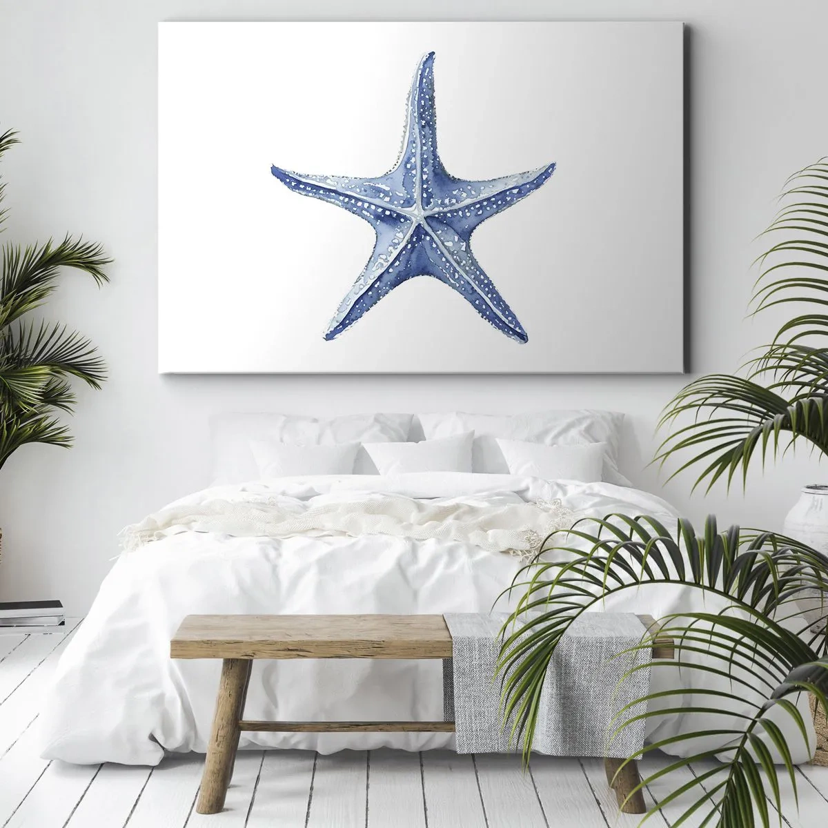 Obraz na plátně - Modrá hvězdice na bílém pozadí v minimalistickém stylu - 70x50cm - Hvězda moře - Moderní nástěnná dekorace do obývacího pokoje a ložnice ARTTOR