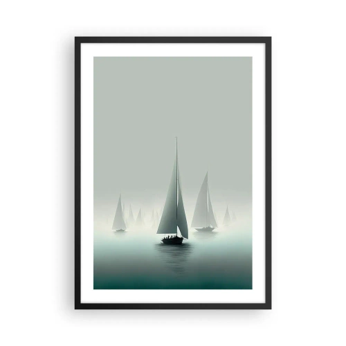 Plakát v černém rámu - Skupina plachetnic plujících po mlhavém moři, obklopených klidnými vodami. - 50x70cm - Postavený z mlhy - Moderní nástěnná dekorace do obývacího pokoje a ložnice ARTTOR