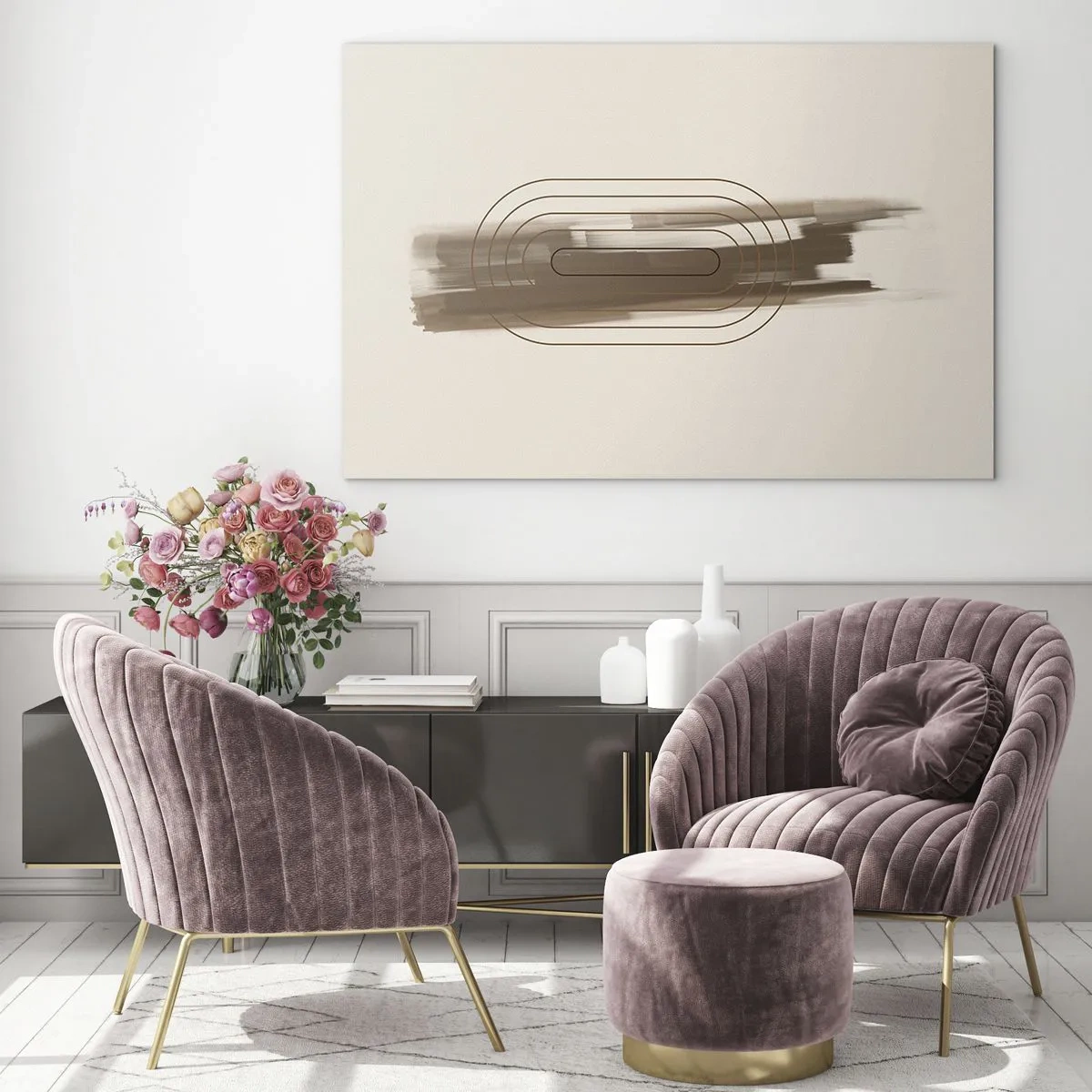 Obraz na skle - Abstrakce v odstínech hnědé s minimalistickým vzorem - 70x50cm - Závan šedi - Moderní nástěnná dekorace do obývacího pokoje a ložnice ARTTOR