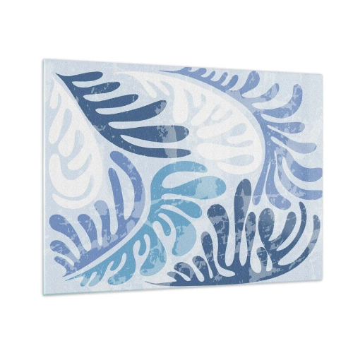 Obraz na skle - Dekorativní listy kapradí v odstínech modré na světlém pozadí - 70x50cm - Modré kapradí - Moderní nástěnná dekorace do obývacího pokoje a ložnice ARTTOR