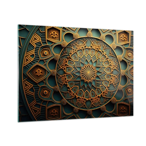 Obraz na skle - Zlatá a tyrkysová ozdoba ve stylu arabské mozaiky - 70x50cm - V arabském stylu - Moderní nástěnná dekorace do obývacího pokoje a ložnice ARTTOR