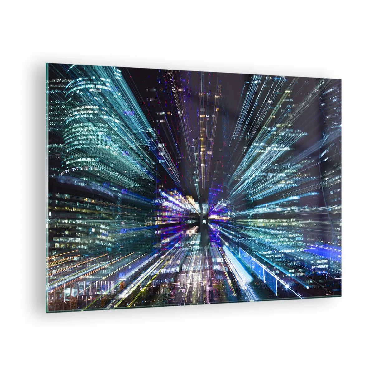 Obraz na skle - Dynamické světelné linie na pozadí nočního města - 70x50cm - Přechod do hyperprostoru - Moderní nástěnná dekorace do obývacího pokoje a ložnice ARTTOR