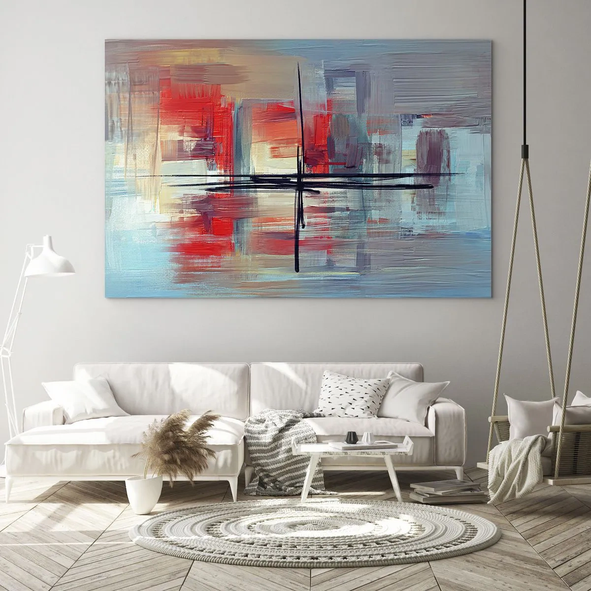 Obraz na skle - Barevná abstrakce s červenou a modrou, inspirovaná krajinou. - 70x50cm - Krajina v neznámé dimenzi - Moderní nástěnná dekorace do obývacího pokoje a ložnice ARTTOR