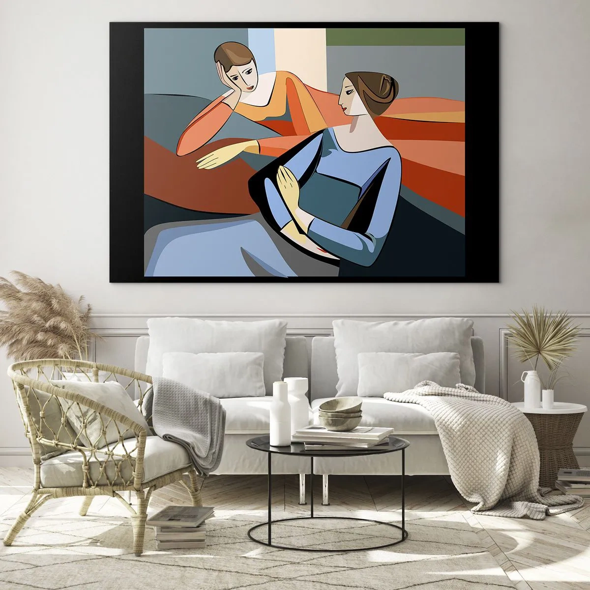 Obraz na skle - Geometrická scéna rozhovoru mezi dvěma ženami na pozadí interiéru. - 70x50cm - Chvíle svěření - Moderní nástěnná dekorace do obývacího pokoje a ložnice ARTTOR
