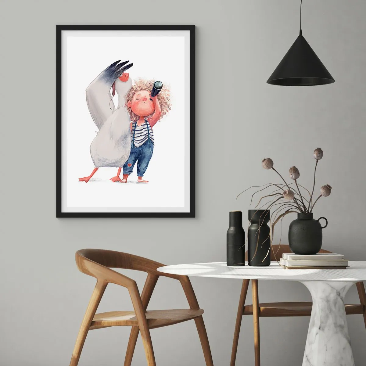 Plakát v černém rámu - Ilustrace dítěte s dalekohledem a ptáka, který je doprovází - 50x70cm - Plán na skvělou cestu - Moderní nástěnná dekorace do obývacího pokoje a ložnice ARTTOR