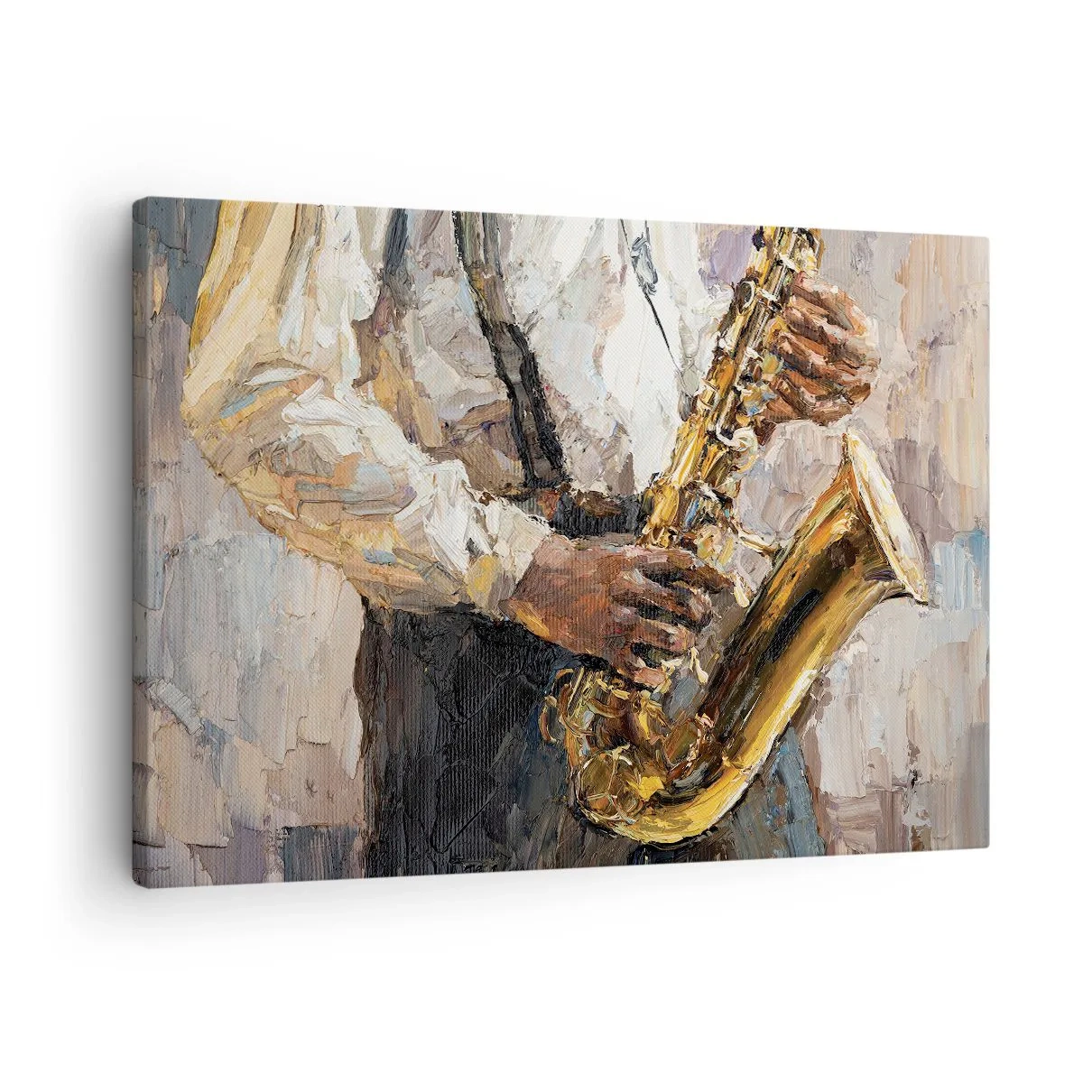 Obraz na plátně - Hudebník hrající na saxofon v uměleckém stylu - 70x50cm - Čas na sólovou hru - Moderní nástěnná dekorace do obývacího pokoje a ložnice ARTTOR