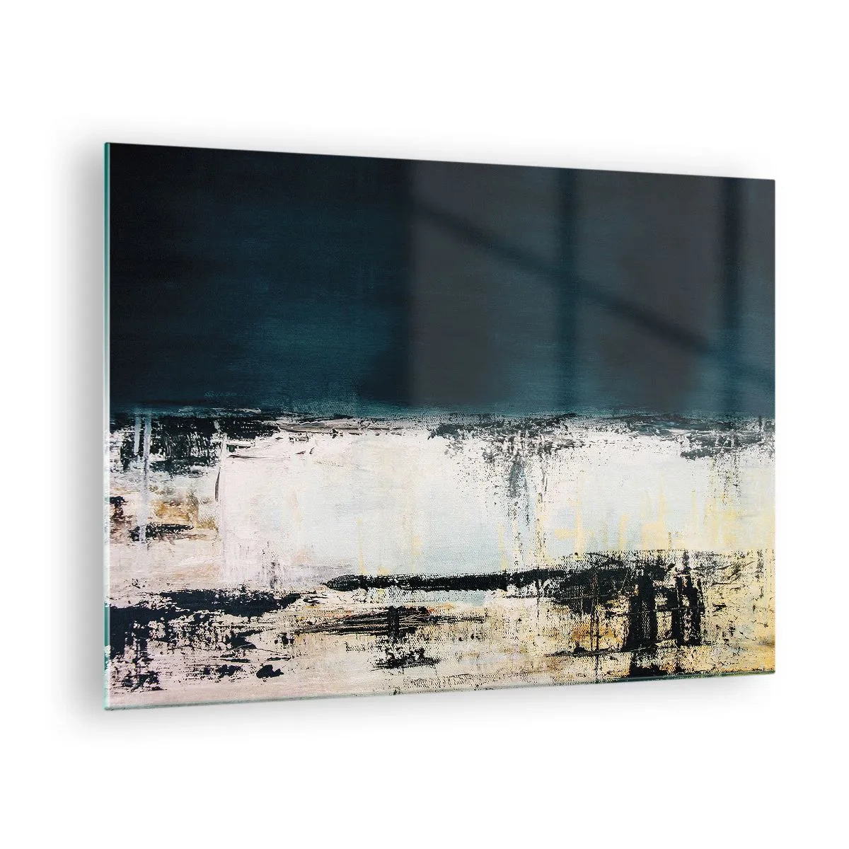 Obraz na skle - Abstraktní krajina v odstínech tmavě modré a bílé - 70x50cm - Horizontální kompozice - Moderní nástěnná dekorace do obývacího pokoje a ložnice ARTTOR