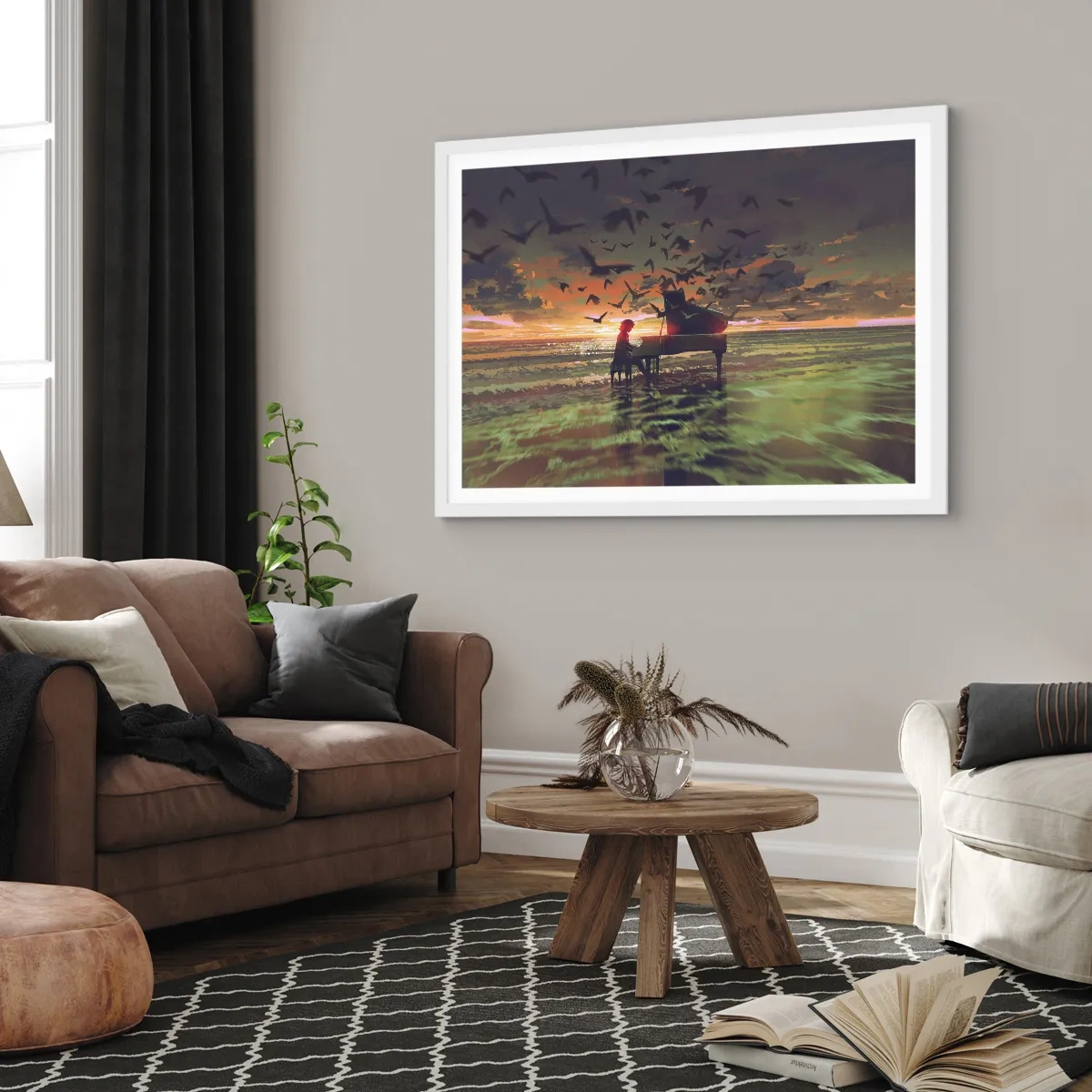 Plakát v bílém rámu - Koncert na piano a vlny - 70x50 cm