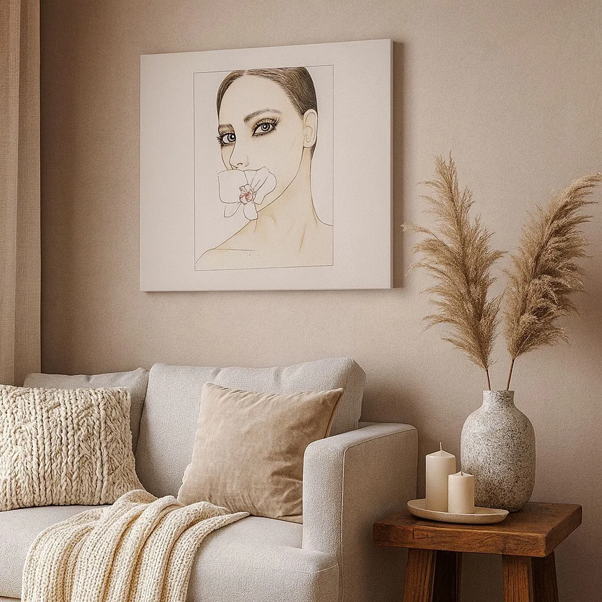 Obraz na plátně - Portrét ženy s orchidejí v jemných barvách - 70x50cm - Symbol elegance a krásy - Moderní nástěnná dekorace do obývacího pokoje a ložnice ARTTOR