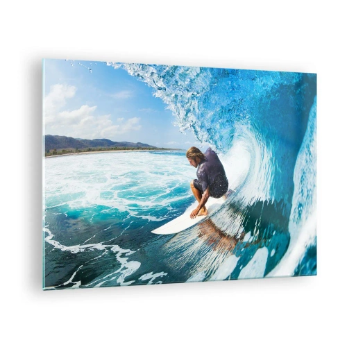 Obraz na skle - Surfař ve vodním tunelu s oceánem v pozadí - 70x50cm - Tančící s vlnami - Moderní nástěnná dekorace do obývacího pokoje a ložnice ARTTOR