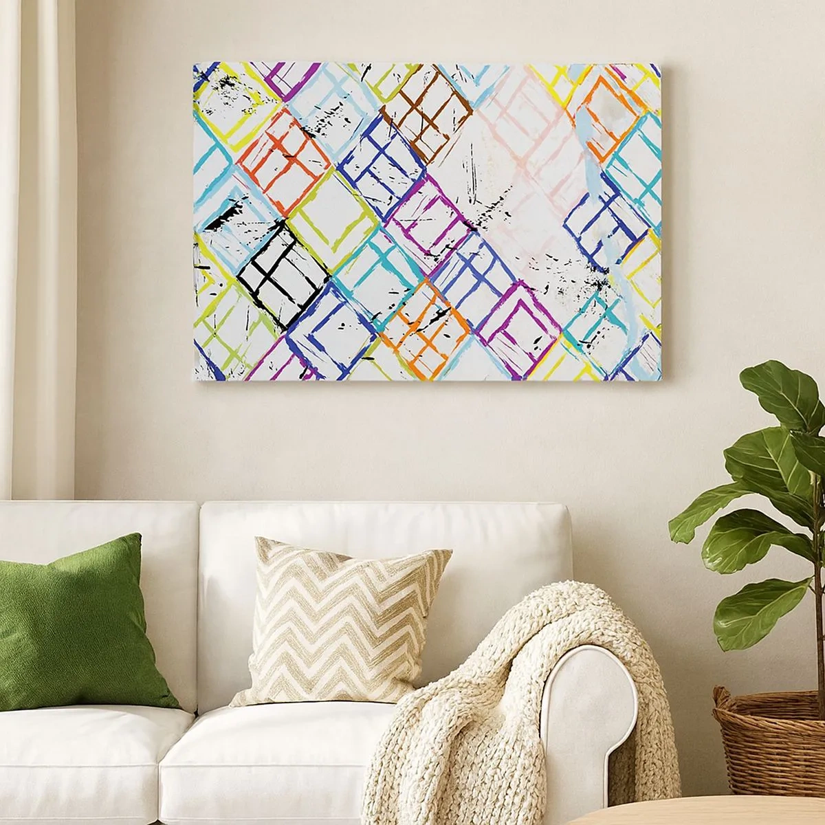 Obraz na plátně - Barevná abstrakce s geometrickými tvary na bílém pozadí - 70x50cm - Buňky k pronájmu - Moderní nástěnná dekorace do obývacího pokoje a ložnice ARTTOR