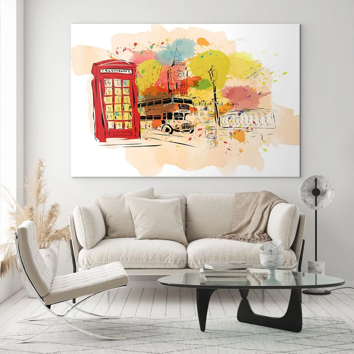 Obraz na skle - Červená telefonní budka, dvoupatrový autobus a Big Ben - 70x50cm - Město různorodostí - Moderní nástěnná dekorace do obývacího pokoje a ložnice ARTTOR