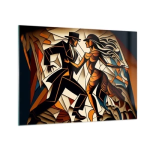 Obraz na skle - Stylizovaný pár tančící v dynamické abstraktní formě. - 70x50cm - Tanec vřelosti a vášně - Moderní nástěnná dekorace do obývacího pokoje a ložnice ARTTOR