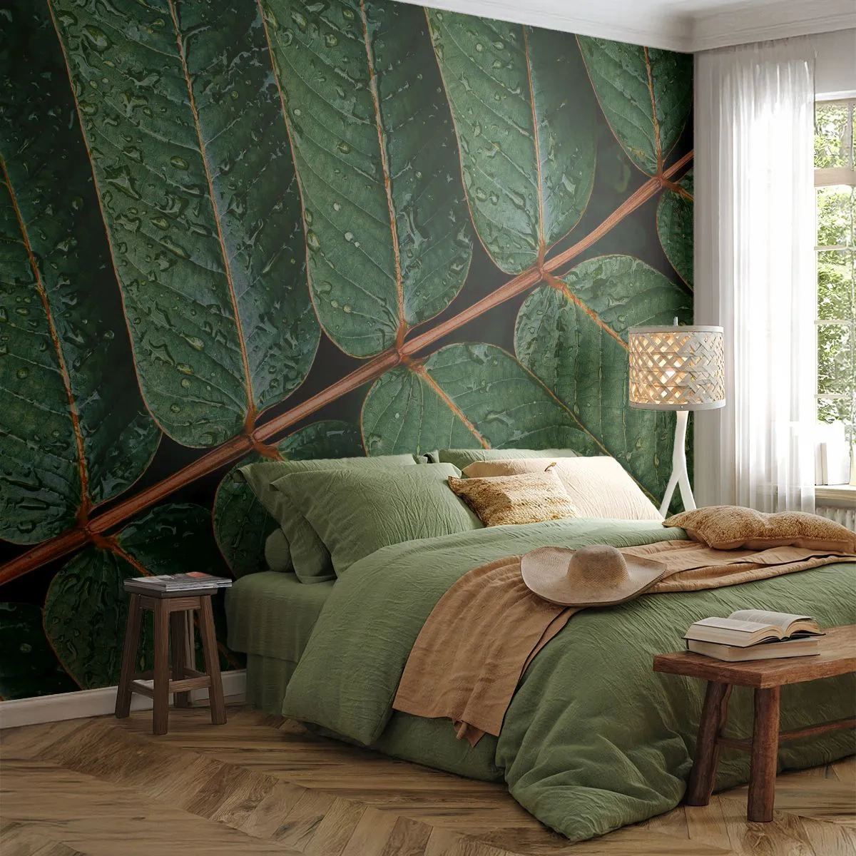 Fototapeta Premium Sand - V zeleném rytmu - Zelené listy, Tropická rostlina, Kus - 350x256 cm