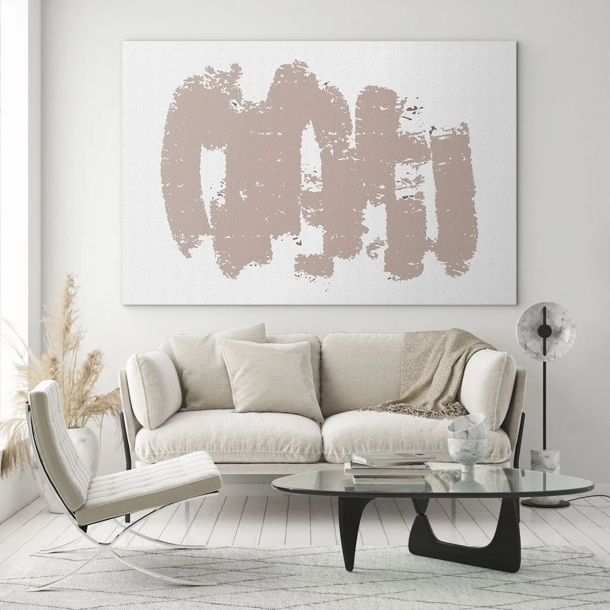 Obraz na skle - Růžové tahy barvy na bílém pozadí - 70x50cm - Abstrakce v jemné růžové - Moderní nástěnná dekorace do obývacího pokoje a ložnice ARTTOR