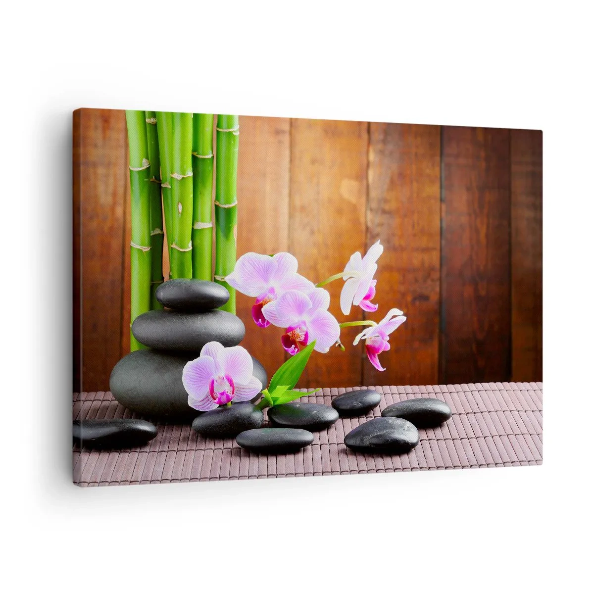 Obraz na plátně - Zen-styl bambus, kameny a růžové orchideje na dřevěném pozadí - 70x50cm - Seznamte se s potěšením východu - Moderní nástěnná dekorace do obývacího pokoje a ložnice ARTTOR