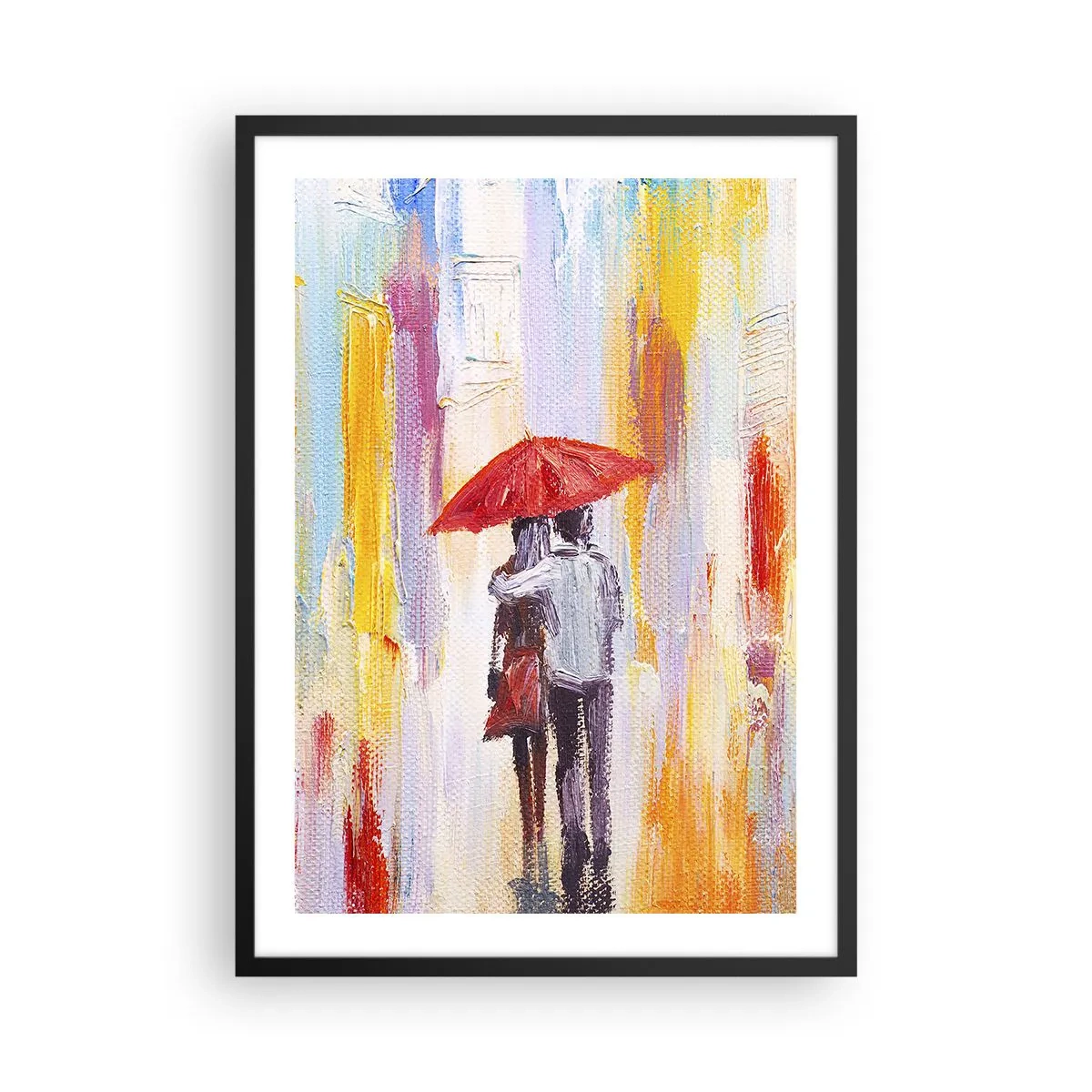 Plakát v černém rámu - Romantická scéna s párem pod červeným deštníkem na pozadí města. - 50x70cm - Ať prší dál - Moderní nástěnná dekorace do obývacího pokoje a ložnice ARTTOR