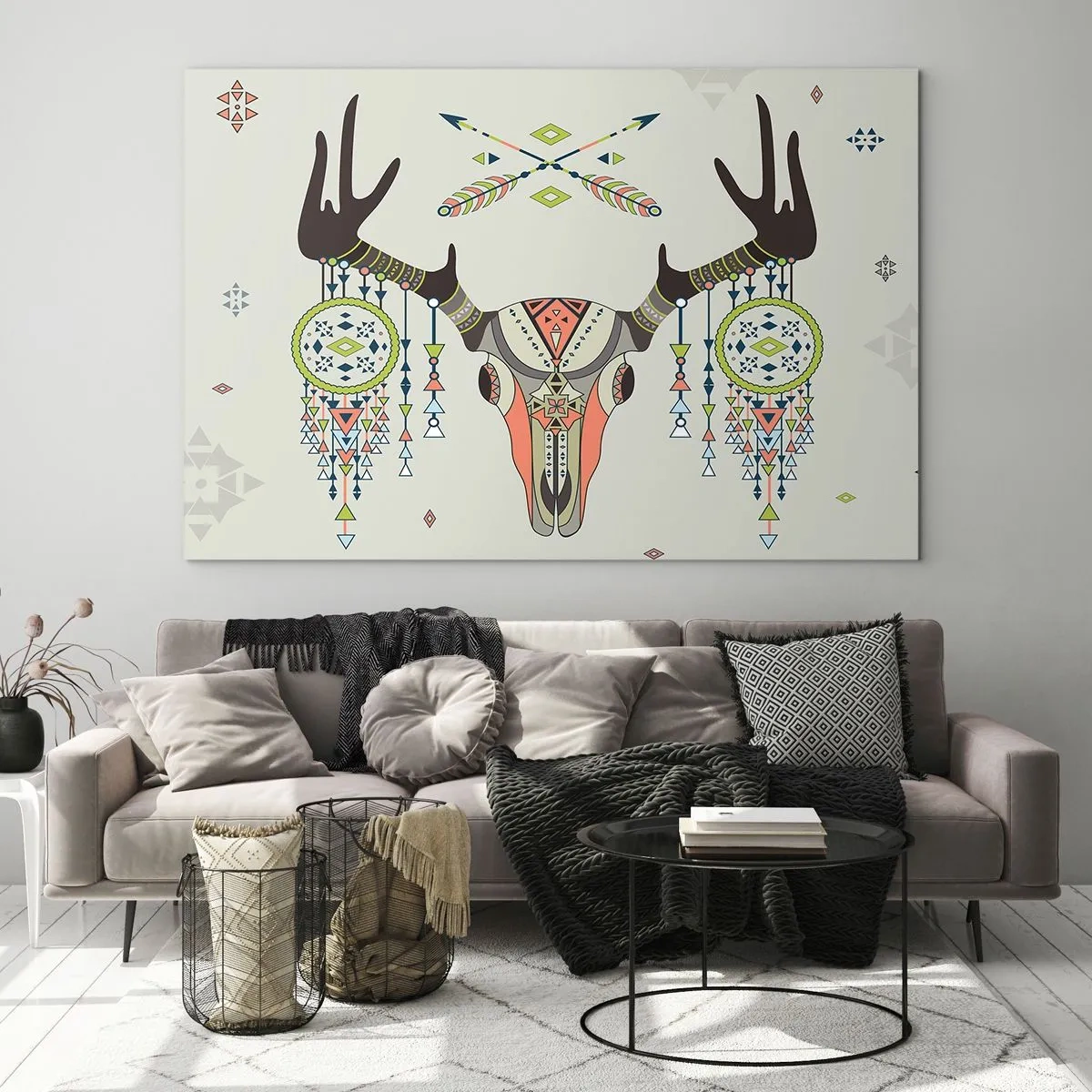 Obraz na skle - Symbolické rohy a indiánské vzory na světlém pozadí - 70x50cm - Trofej indiánského lovce - Moderní nástěnná dekorace do obývacího pokoje a ložnice ARTTOR