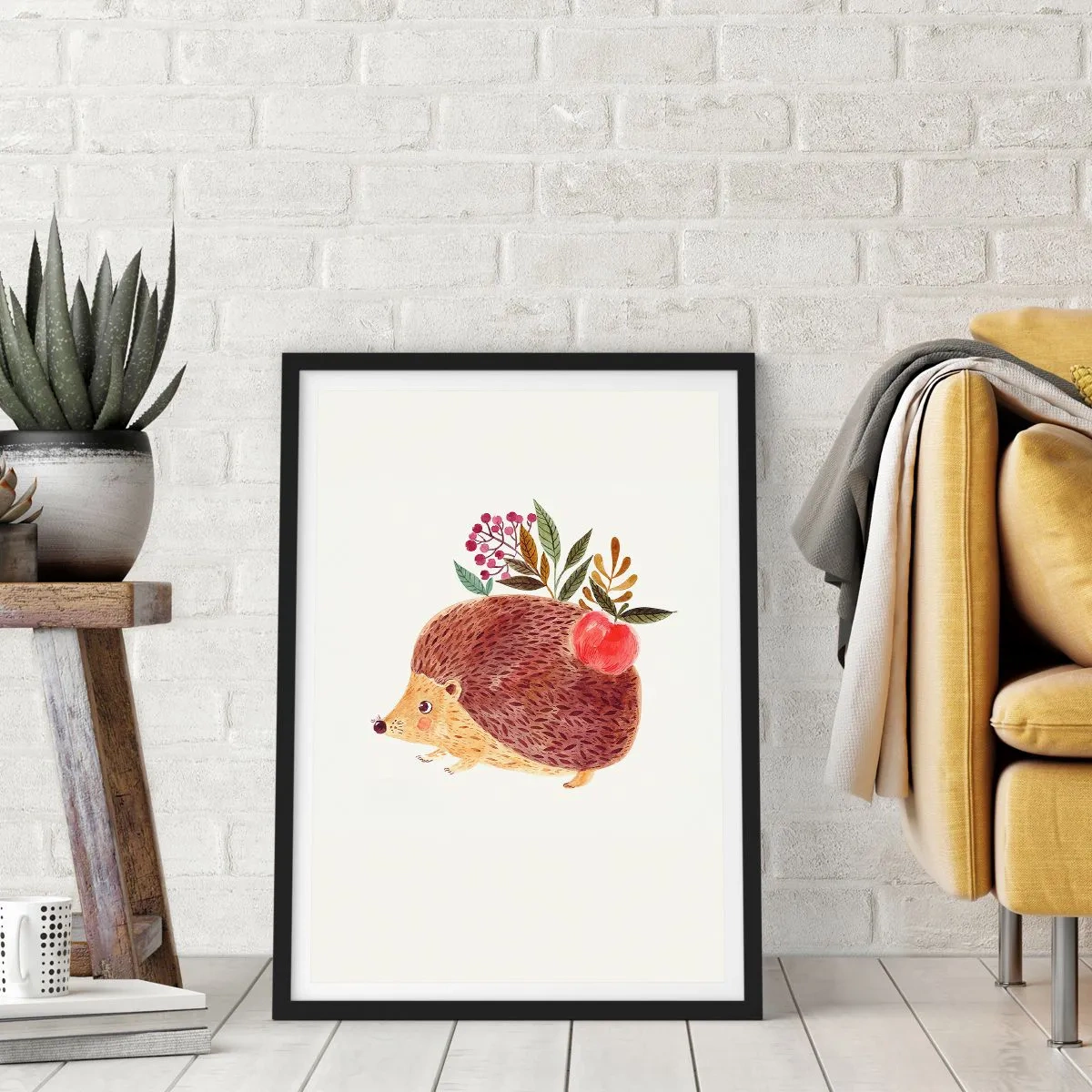 Plakát v černém rámu - Roztomilý ježek s jablkem a větvičkami na světlém pozadí - 50x70cm - A už mě máš rád - Moderní nástěnná dekorace do obývacího pokoje a ložnice ARTTOR