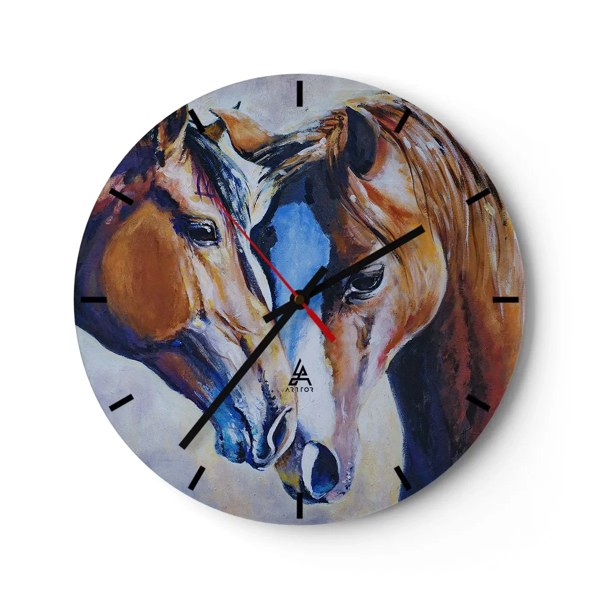 Nástěnné hodiny - Obraz dvou koní v malířském stylu s živými barvami. - 30x30cm - Je to přátelství? Je to láska? - Moderní nástěnná dekorace do obývacího pokoje, kuchyně a ložnice ARTTOR
