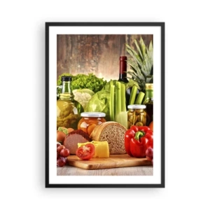 Plakát v černém rámu - Barevná zelenina a potravinářské výrobky na dřevěném pozadí - 50x70cm - Uzené, pečené, marinované - Moderní nástěnná dekorace do obývacího pokoje a ložnice ARTTOR