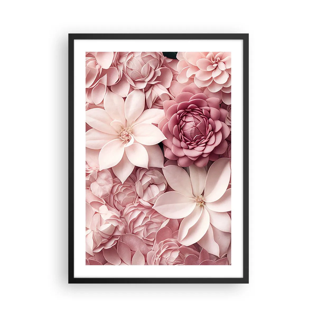 Plakát v černém rámu - Růžové květy v elegantní kompozici - 50x70cm - V růžových okvětních lístcích - Moderní nástěnná dekorace do obývacího pokoje a ložnice ARTTOR