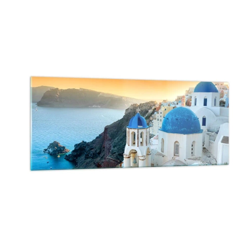 Obraz na skle - Santorini - přitulené ke skalám - 100x40 cm