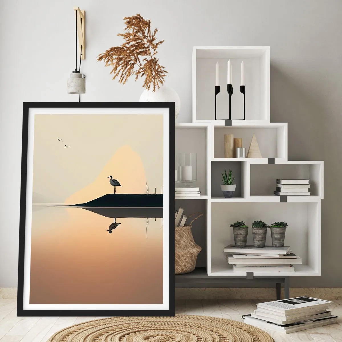 Plakát v černém rámu - Čáp stojící na břehu jezera s odrazem ve vodě - 50x70cm - Pán na jezeře - Moderní nástěnná dekorace do obývacího pokoje a ložnice ARTTOR