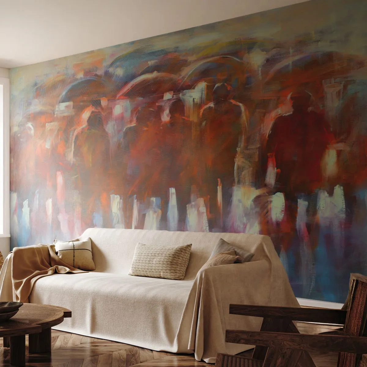 Fototapeta Premium Sand - Rovnocenní v dešti a mlze - Lidé, Rušné město, Kus - 300x210 cm