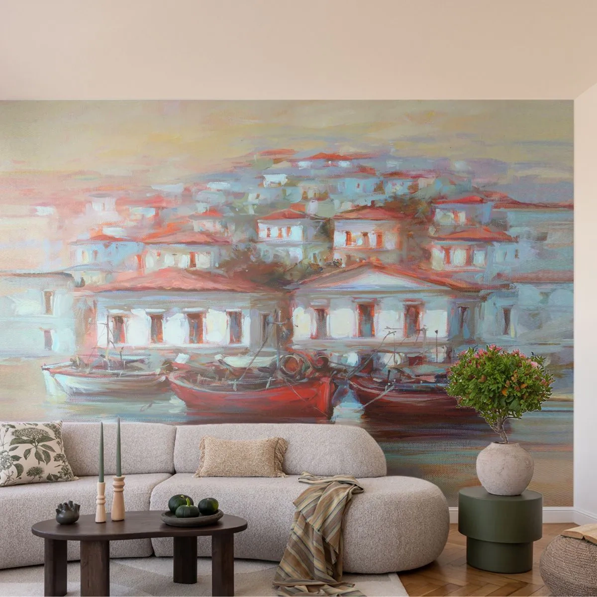 Fototapeta Samolepicí Deluxe Sticker - Šťastné městečko - Architektura, Plachetnice, Přístav - 250x175 cm