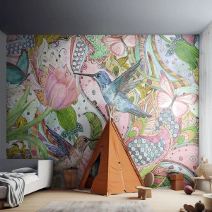 Fototapeta Standard Eco - Zamotané do lián - Květiny, Pták, Motýl - 350x256 cm