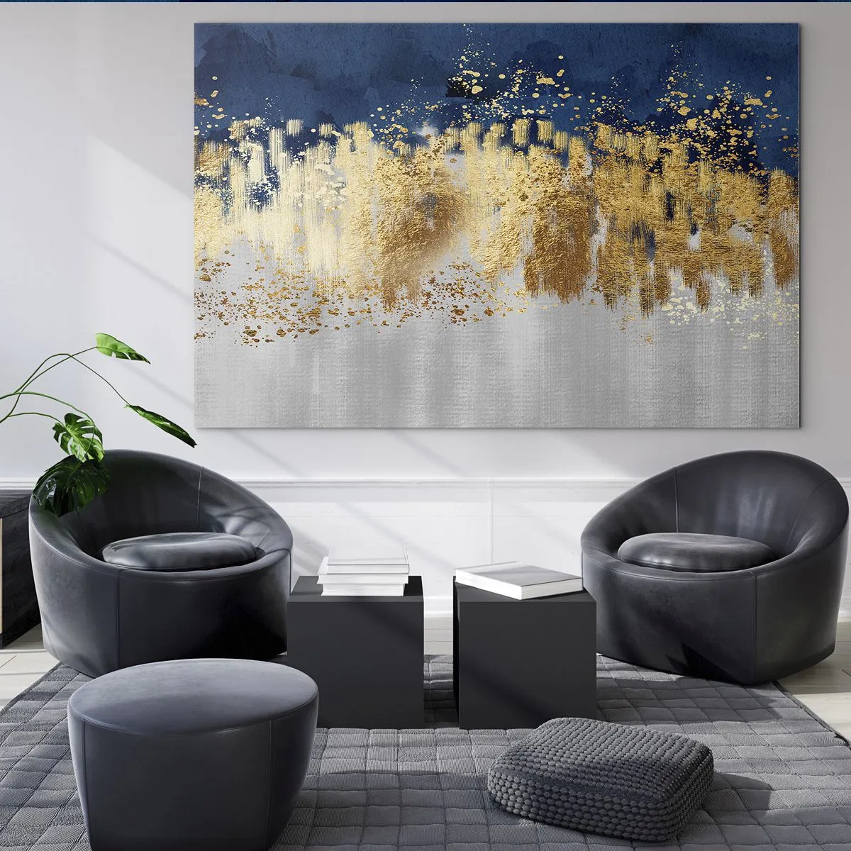 Obraz na skle - Zlaté akcenty na tmavě modrém a stříbrném pozadí - 70x50cm - Moderní kompozice s jiskrou - Moderní nástěnná dekorace do obývacího pokoje a ložnice ARTTOR