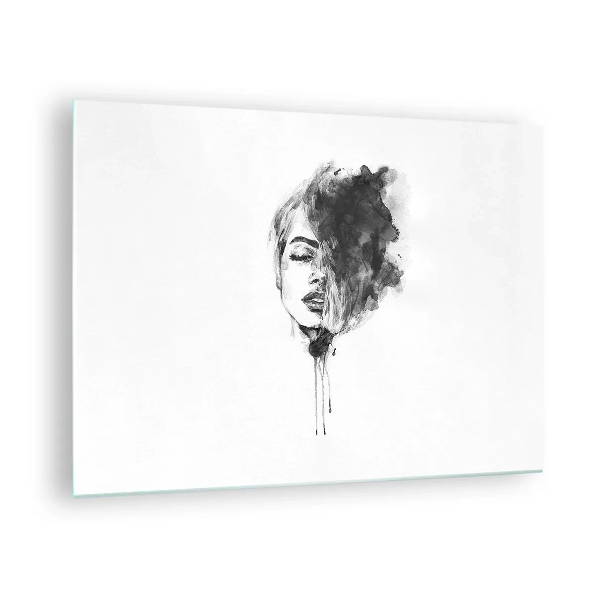 Obraz na skle - Černobílý portrét ženy s abstraktním stínem - 70x50cm - O čem sní dívka - Moderní nástěnná dekorace do obývacího pokoje a ložnice ARTTOR