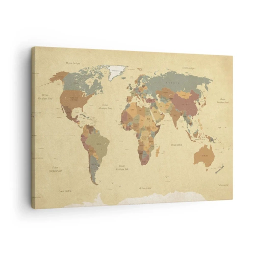 Obraz na plátně - Stylizovaná mapa světa v odstínech béžové a pastelových barev. - 70x50cm - Pro tebe - celý svět - Moderní nástěnná dekorace do obývacího pokoje a ložnice ARTTOR