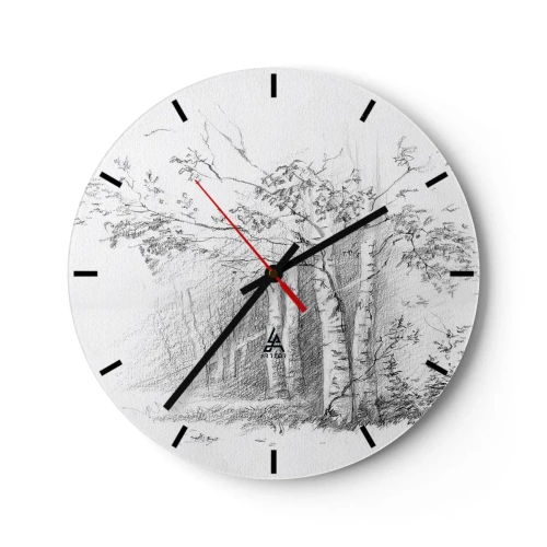 Nástěnné hodiny - Kresba tužkou stromů v lesní krajině - 30x30cm - Světlo březového lesa - Moderní nástěnná dekorace do obývacího pokoje, kuchyně a ložnice ARTTOR
