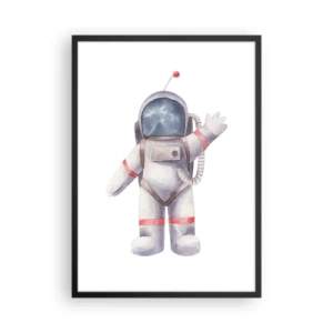 Plakát v černém rámu - Akvarelový astronaut mává ve vesmírné ilustraci - 50x70cm - Tak zatím! - Moderní nástěnná dekorace do obývacího pokoje a ložnice ARTTOR