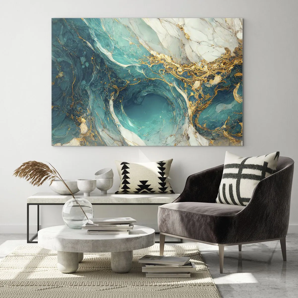 Obraz na skle - Abstraktní kompozice s tyrkysovými a zlatými žilkami - 70x50cm - Kompozice se zlatými žilami - Moderní nástěnná dekorace do obývacího pokoje a ložnice ARTTOR